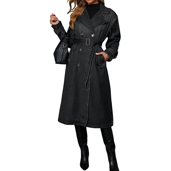 chouyatou Women's Vintage Midi Long Jean Jacket Loose Fit Double